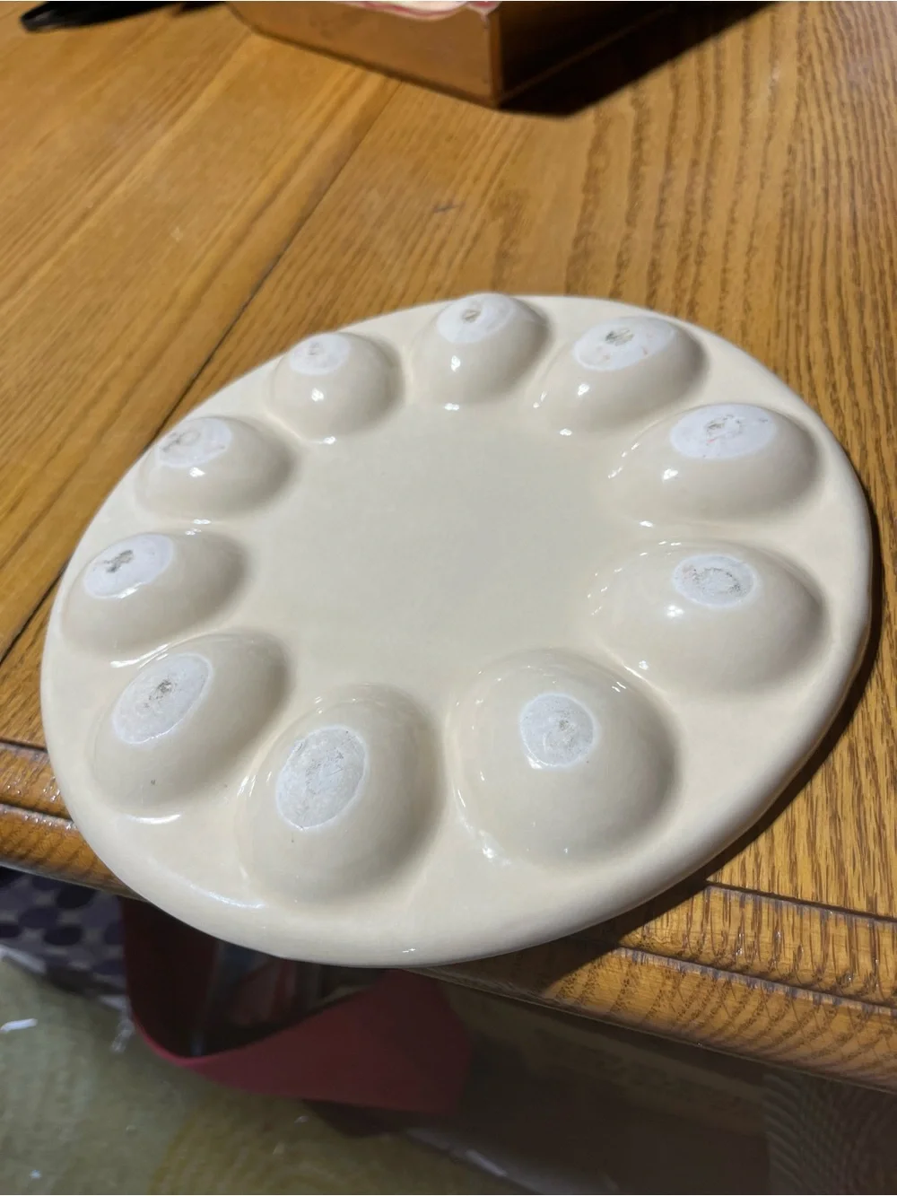 Ceramic Egg Platter with Blue Folk Art Chicken 9 In Diameter
